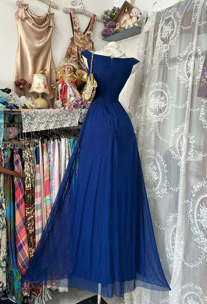 Flamboyant A line Off The Shoulder Chiffon Royal Blue Date Night Evening Outfit Formal Prom Dresses RB5288