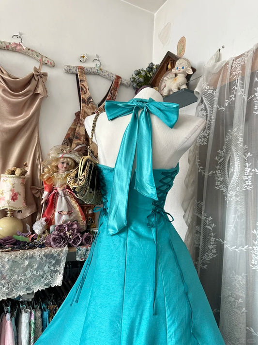 Vintage Ballkleid Neckholder Blau Satin Wadenlang Abschlussballkleider Partykleid Geburtstagsoutfits Abschlusskleid N2840