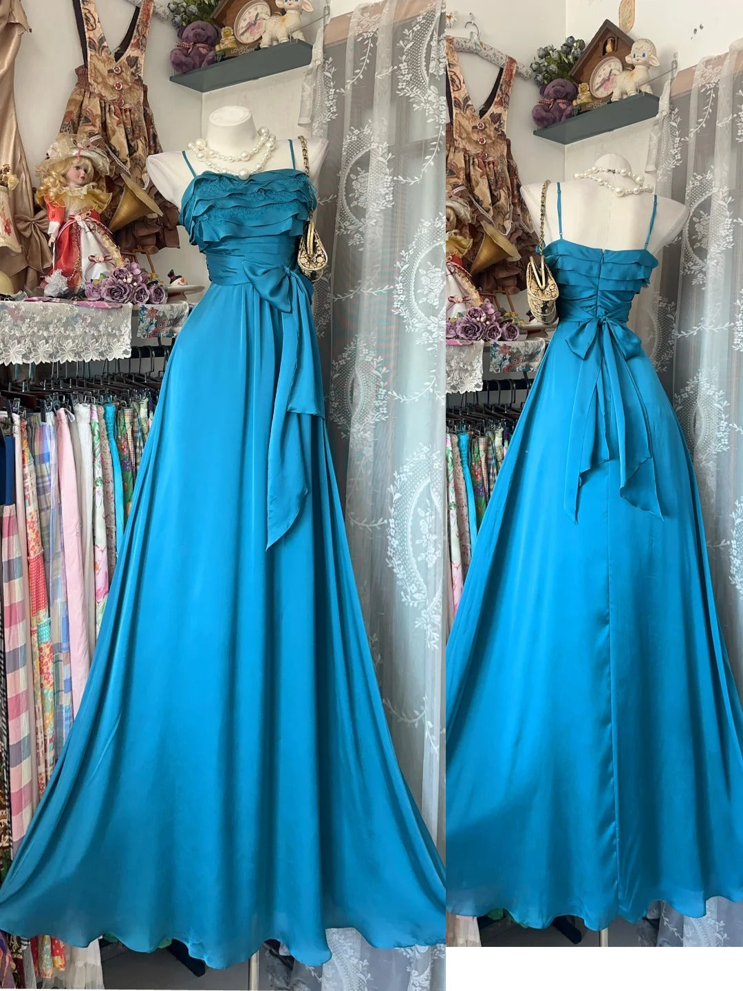 Stylish A Line Spaghetti Strap Royal Blue Chiffon Floor Length Prom Dresses Inspo Evening Outfits RB4489