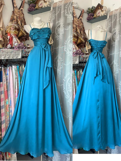 Stylish A Line Spaghetti Strap Royal Blue Chiffon Floor Length Prom Dresses Inspo Evening Outfits RB4489