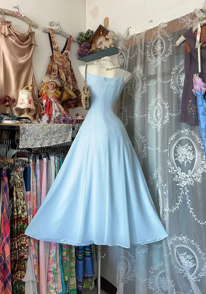 Robes de bal vintage des années 80, coupe trapèze, à fines bretelles, en mousseline bleu ciel, tenues de soirée semi-formelles N3645