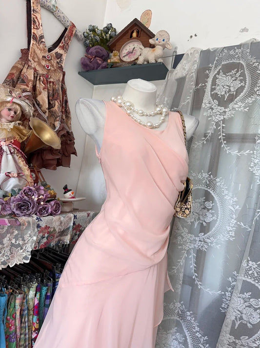 Vintage Mermaid Scoop Blush Pink Chiffon Date Night Evening Outfit Formal Prom Dresses RB5293