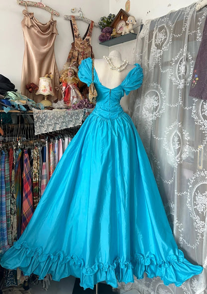 Vintage 80s Prom Dresses A line Tiffany Blue With Sleeves Satin Long 1950s Retro Classy Party Formal Outfits RB8995