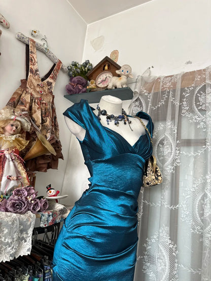 Damenkleid Sommer Neu Vintage Retro Stil Etui Blauer Satin Homecoming Kleider N2260