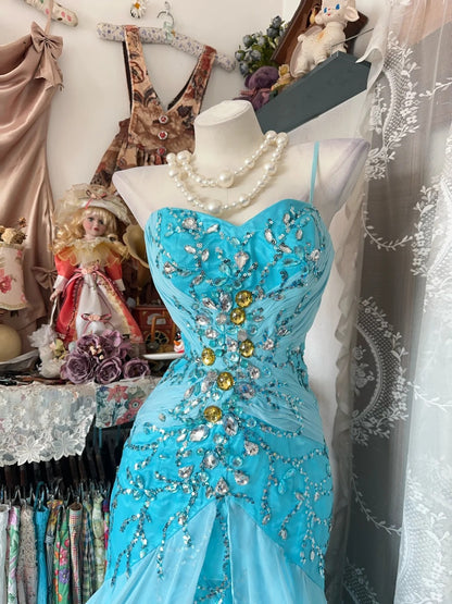 Robes de bal élégantes sirène bretelles fines mousseline bleue sans manches tenues de soirée formelles N3780