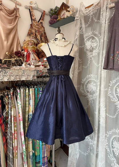 Einfaches A-Linien Spaghetti-Träger Marineblau Satin Kurzes Abschlussball Geburtstagskleid Homecoming Kleider N3721