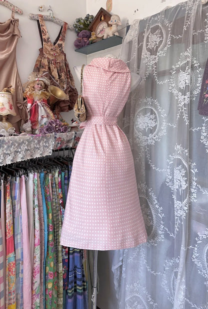 Vintage Sheath Cowl Neckline Pink Polka Dots Midi Date Night Evening Outfit Formal Prom Dresses RB5291
