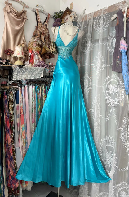 Vintage Mermaid Spaghetti Strap Blue Slit Satin Sleeveless Formal For Women Girls Teens Prom Dresses N2258