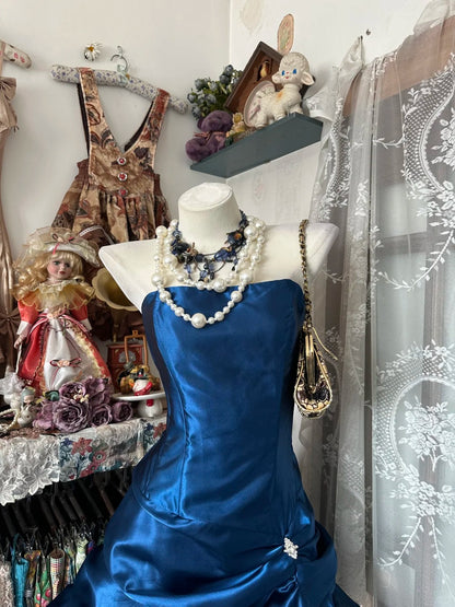 Vintage Ball Gown Strapless Navy Blue Satin Short 16th Birthday Dress Middle School Homecoming Dresses Cocktail Gown N657