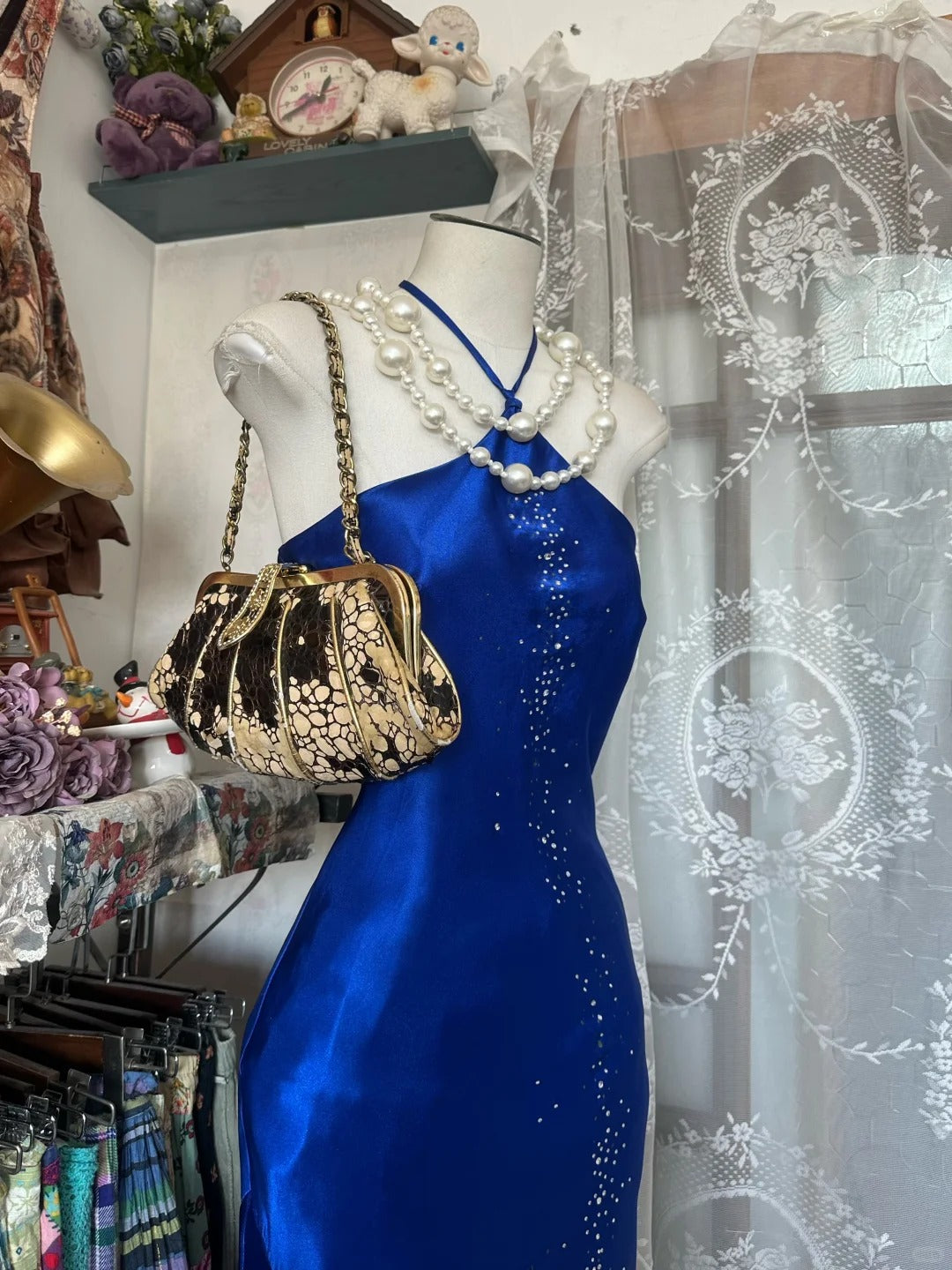 Vintage Meerjungfrauen-Halterkleid aus den 2000er Jahren, königsblau, Satin, ärmellos, langes Ballkleid für Damen und Mädchen, Abendkleid N658