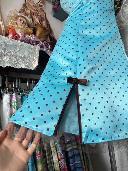 Robe Femme Été Nouvelle Vintage Rétro Style Trapèze Bleu à Pois Satin Robes de Soirée N2252