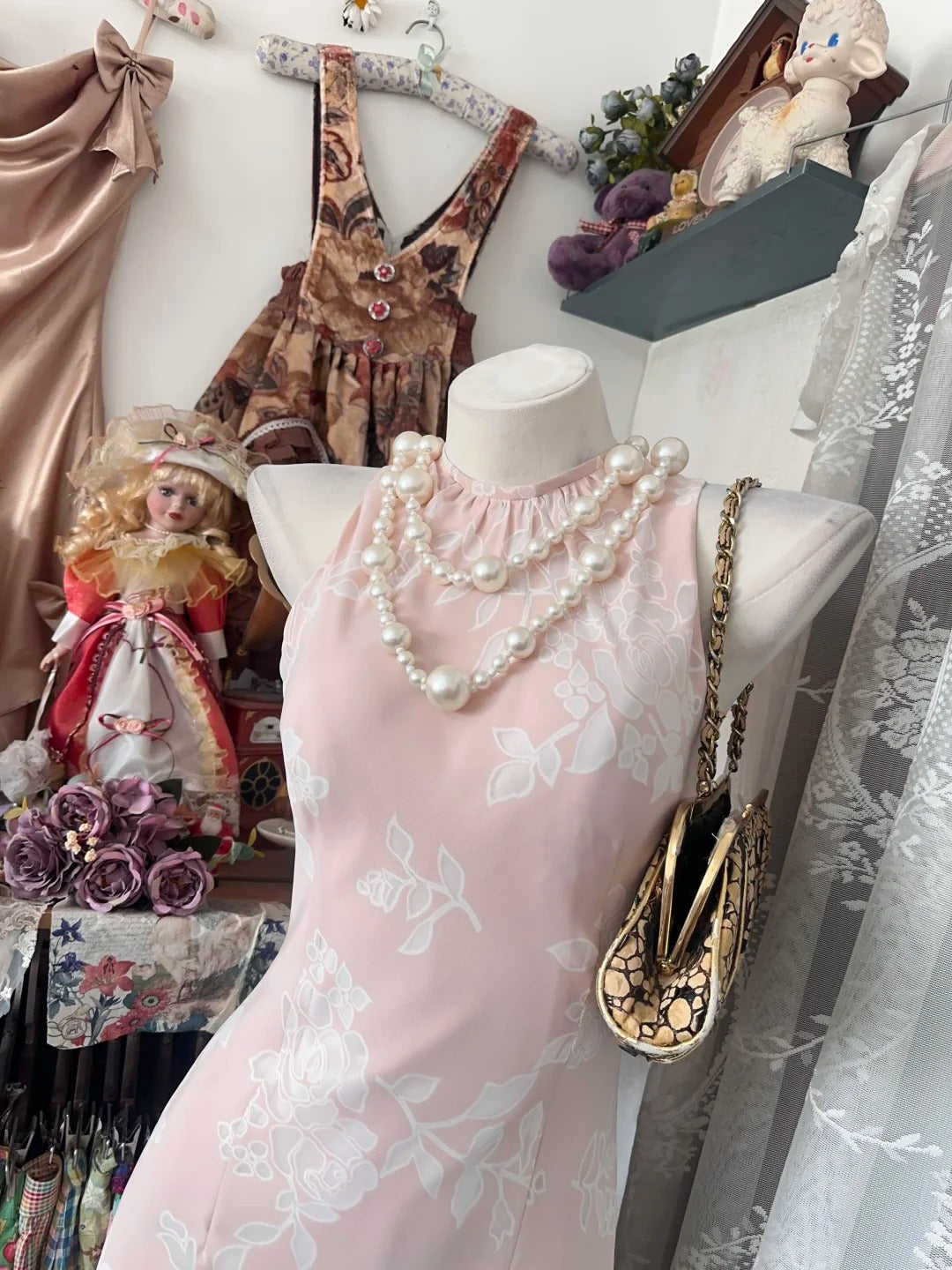 Vintage Mermaid High Neck Pink Floral Date Night Evening Outfit Formal Prom Dresses RB5297