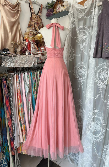 Elegantes, ärmelloses, langes, formelles A-Linien-Abendkleid aus rosa Chiffon mit Neckholder, Modell N1285