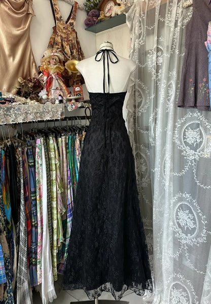 Elegante Abschlussballkleider Meerjungfrau Neckholder Schwarz Ärmellos Spitze Lange formelle Abendgarderobe N3747
