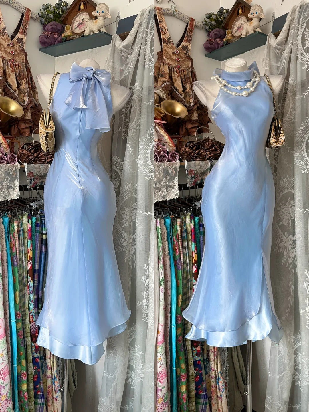 Prom Dress Mermaid High Neck Light Blue Tea Length High School Graduation Party Dresses RC1129