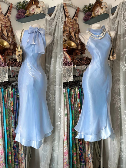 Prom Dress Mermaid High Neck Light Blue Tea Length High School Graduation Party Dresses RC1129