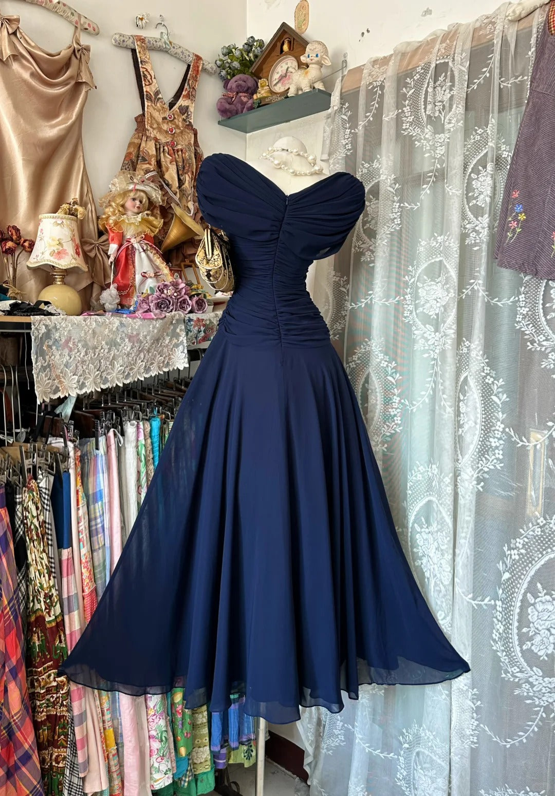 Stylish Mermaid Off The Shoulder Navy Blue Chiffon Floor Length Prom Dresses Inspo Evening Outfits RB4486