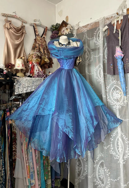 Elegante Ballkleider für den Abschlussball, herzförmiger Ausschnitt, blaue Organza, Teelänge, lange formelle Abendgarderobe N3769