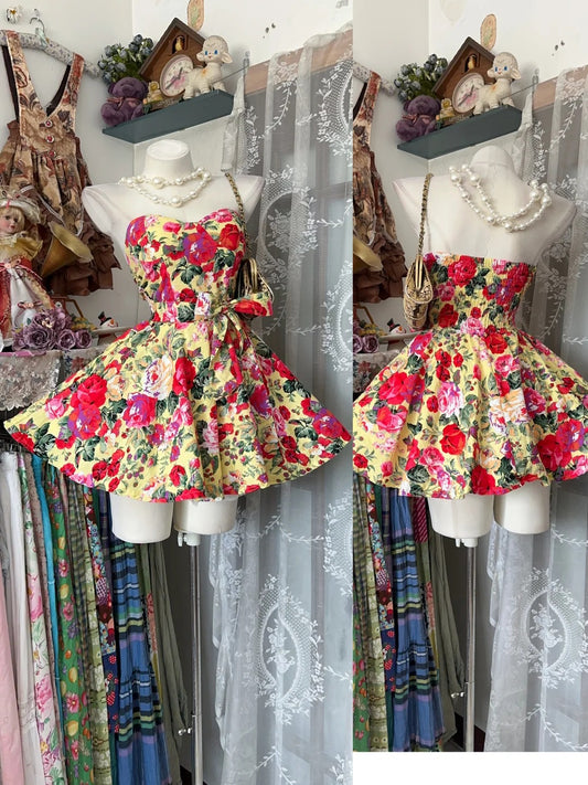 Vintage Ball Gown Sweetheart Floral Satin Short Cocktail Homecoming Dresses Ideas Hoco Outfits RB5298