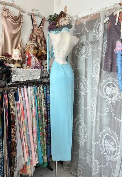 Elegante Abschlussballkleider Etui Neckholder Tiffany-Blau Chiffon mit Applikationen Lange formelle Abendgarderobe N3765
