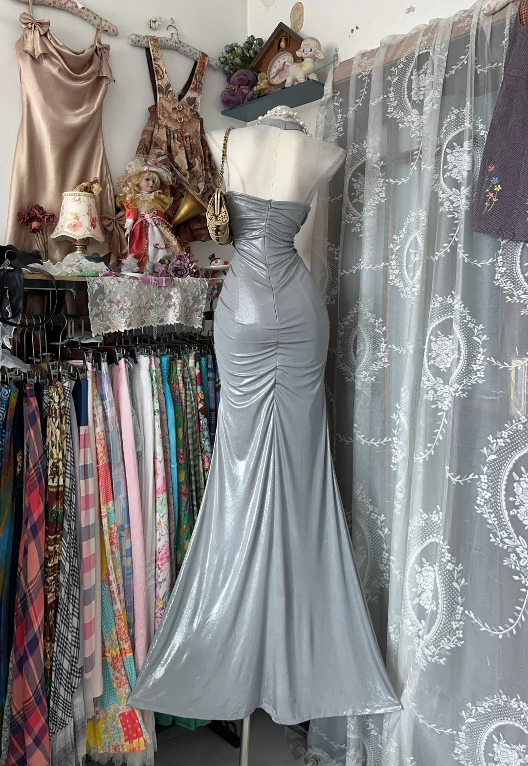 Modeste sirène licou gris sans manches longues robes de bal de fin d'année tenues formelles RB3947
