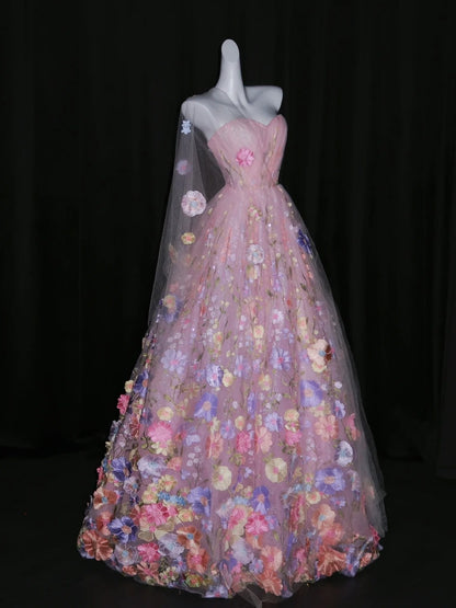 Robe de bal rose sans bretelles, sans manches, en tulle fleuri, longue, idéale pour une quinceañera, un anniversaire de 15 ou 16 ans (N1085)