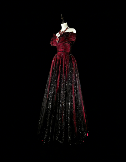 Robes de Bal Rêveuses Vintage Années 90 Rétro Épaules Dénudées Coupe Évasée Bordeaux Noir Longues Tenues de Soirée N2374