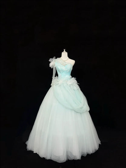 Sweet 16 Dresses Long Ball Gown Sweet Sixteen Long Birthday Dress One Shoulder Blue Tulle Formal Gown RC0292