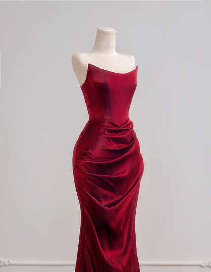 Robe de bal longue bordeaux sirène bustier à volants, idéale pour un 18e anniversaire (N396)