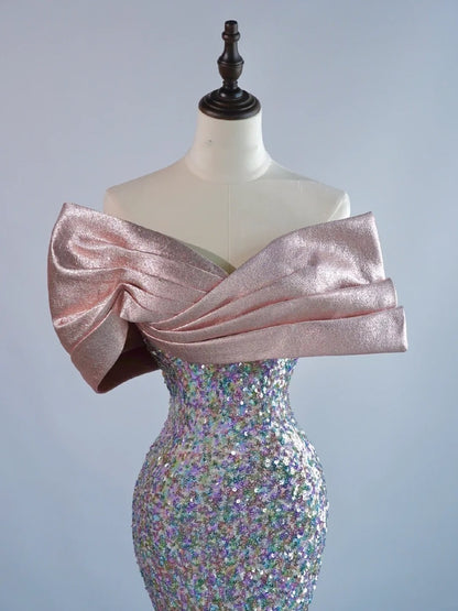 Robe de bal longue sirène à paillettes argentées, épaules dénudées, manches courtes, N685
