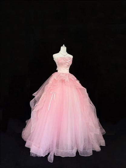 Langes Ballkleid für den 16. Geburtstag, trägerloses, mit Applikationen verziertes langes Abendkleid in Pink RC0301