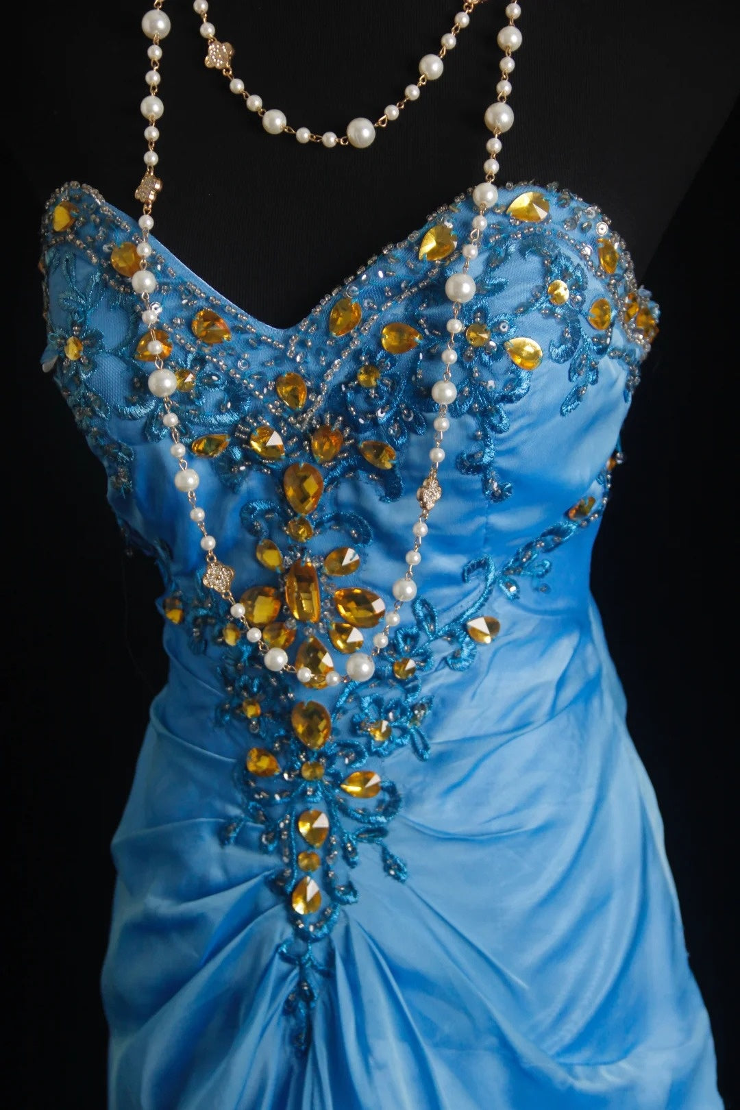 Robes de bal vintage sirène bustier en mousseline bleue années 80 avec perles dorées à volants, longues tenues de soirée formelles N4215