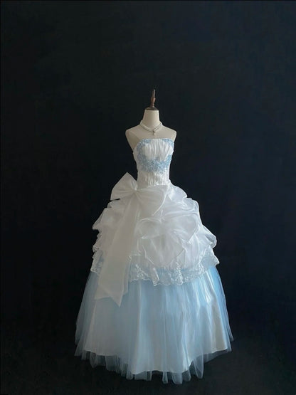 Sweet 15 Quinceanera Dress Ball Gown Strapless Blue With Lace Appliques Tiered 15th Birthday Gown RC0232