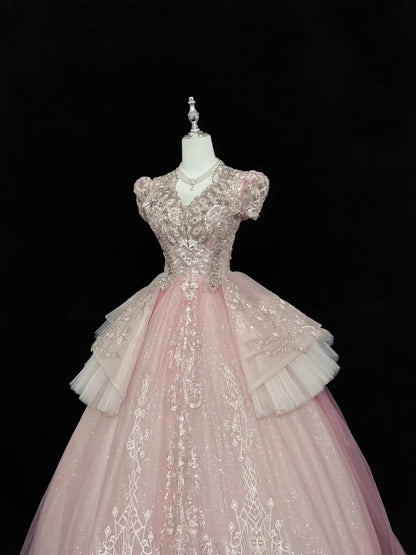 Sweet 16 Dresses Long Ball Gown V Neckline Pink With Lace Appliques Sweet Sixteen Birthday Gown RC0316