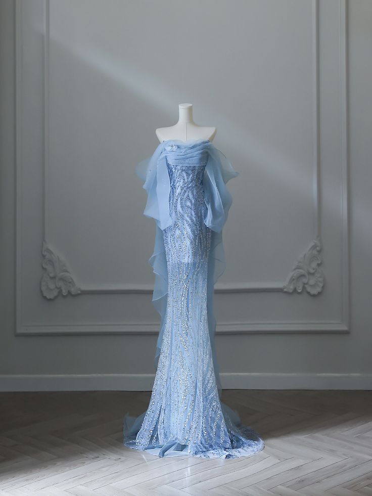 Sexy Meerjungfrauen-Abendkleid mit schulterfreiem, blauem Paillettenbesatz, langes formelles Ballkleid AB1684