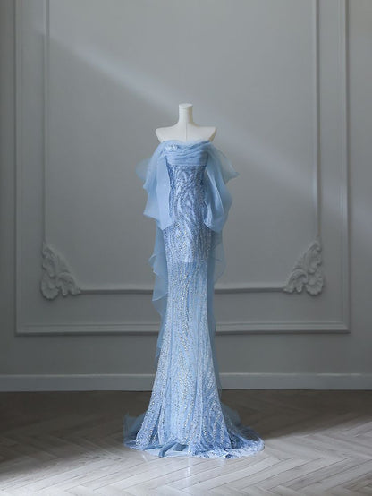 Sexy Meerjungfrauen-Abendkleid mit schulterfreiem, blauem Paillettenbesatz, langes formelles Ballkleid AB1684