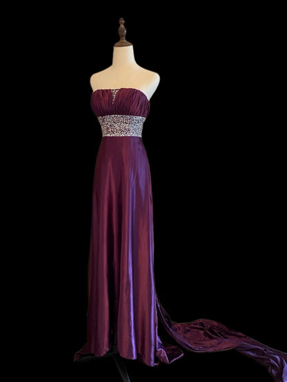 Robes de bal vintage en satin ligne A violet bustier avec perles Inspo tenues de soirée RB4025