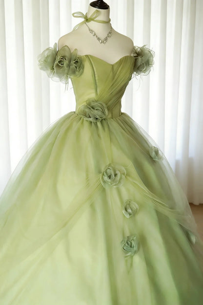 Robes de bal modestes robe de soirée épaules dénudées tulle vert sauge avec manches longue robe de quinceañera N2968