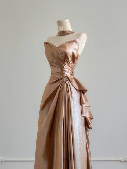 Robe de bal longue de soirée, coupe trapèze, décolleté cœur, couleur champagne avec fente, idéale pour les fêtes d'anniversaire (N375)