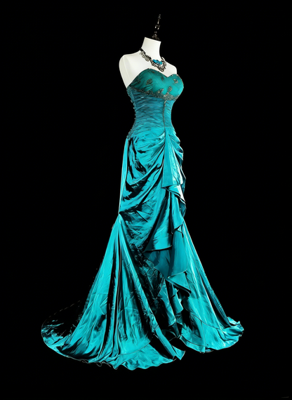 Robe de soirée sirène longue en satin vert style rétro années 60 N2149