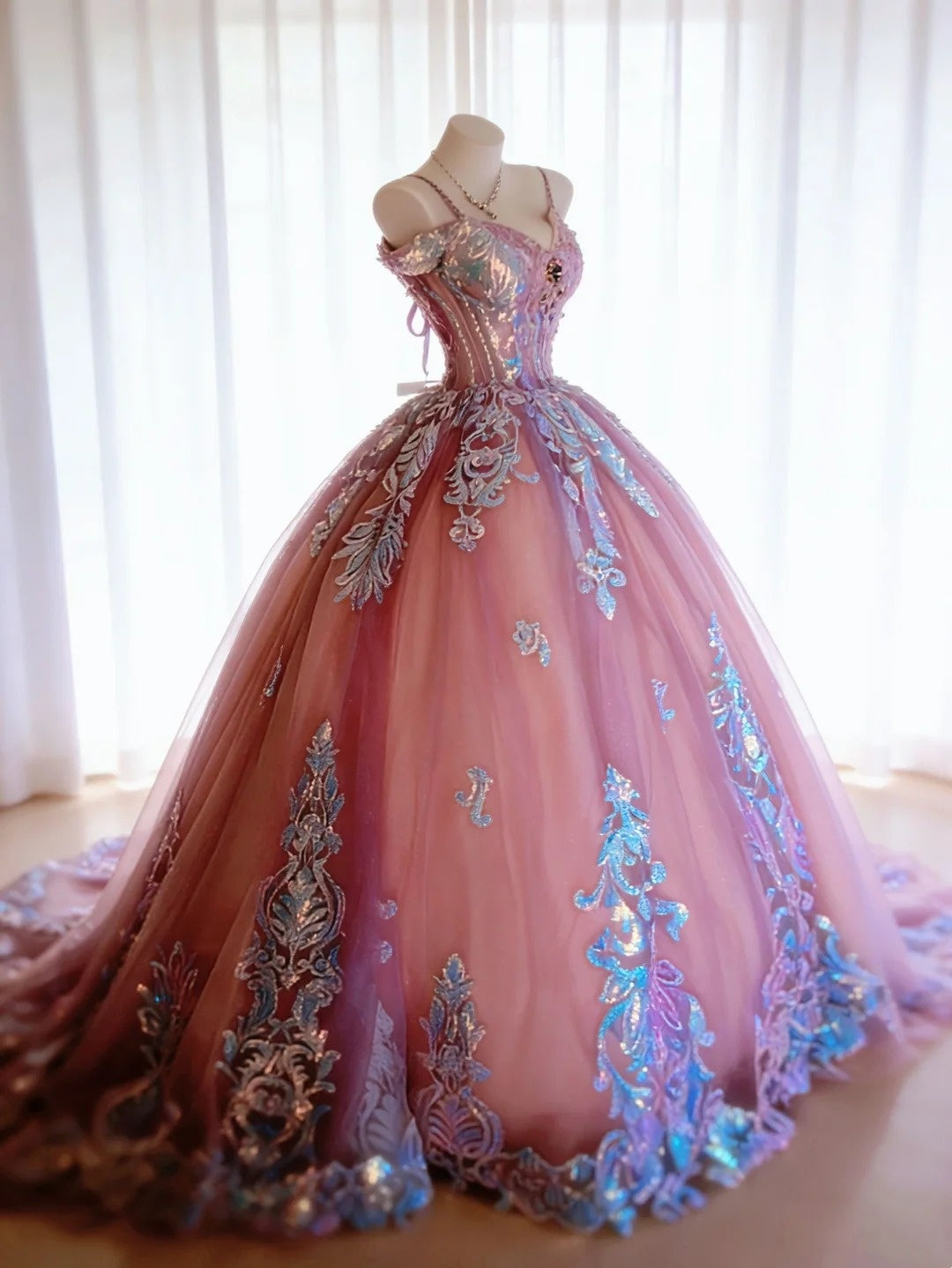Niedliches Ballkleid mit Spaghettiträgern aus rosa Satin mit Applikationen Lange Partykleider Abschlussballkleider N3039