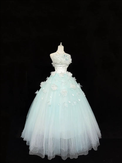 Cute Sweet 16 Dresses Long Ball Gown Strapless Blue With Flowers Tulle Formal Sweet Sixteen Birthday Gown RC0256