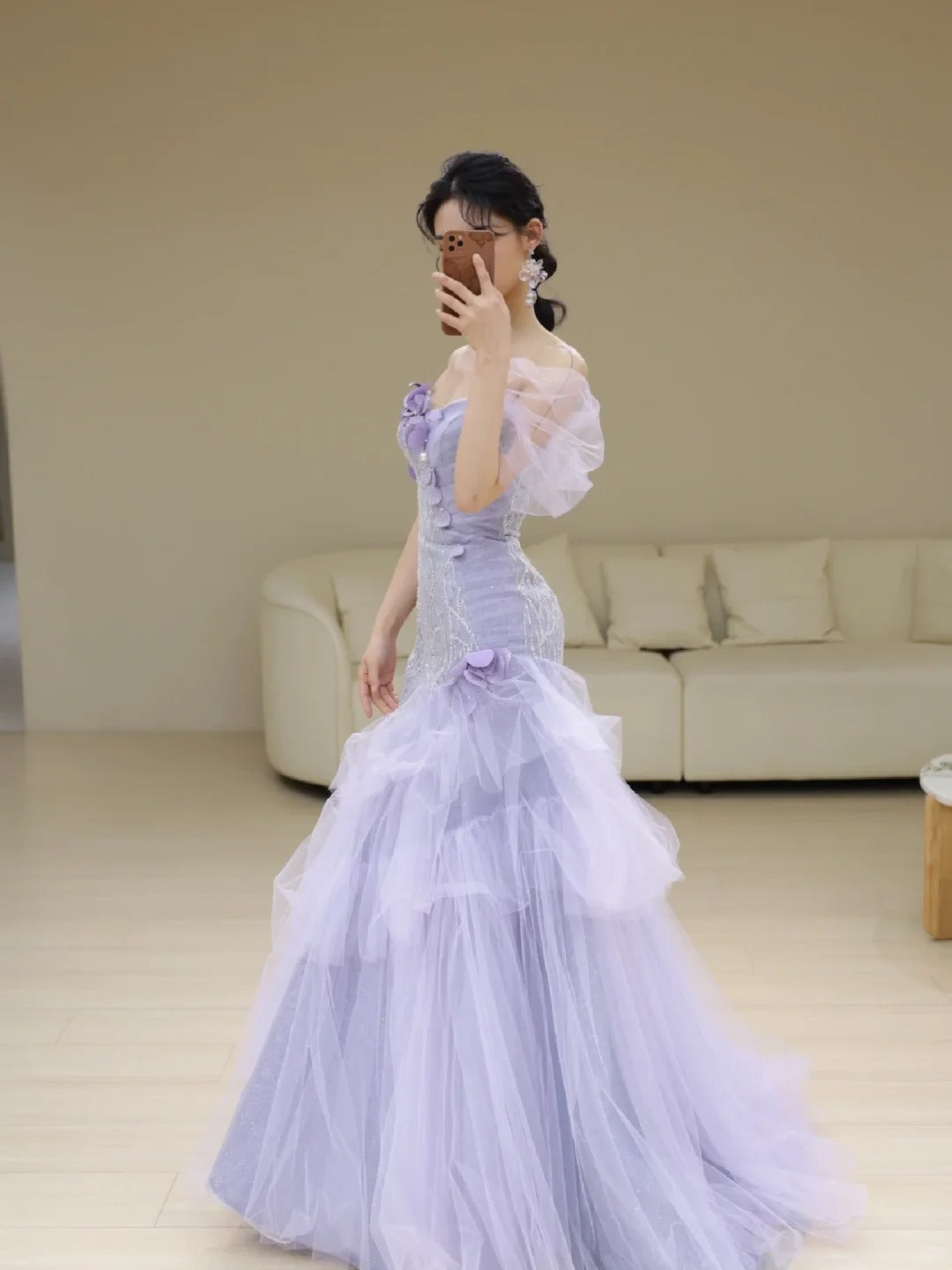 Robe de bal longue en tulle lilas, épaules dénudées, style sirène, N851