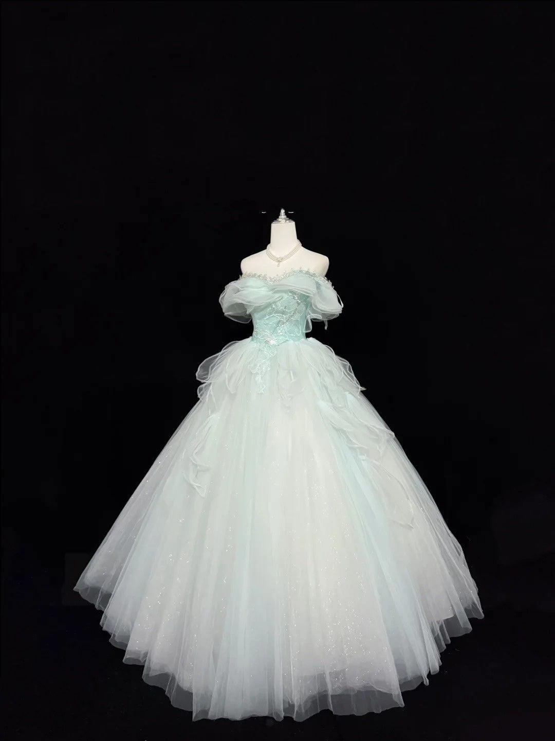 Tulle Prom Dress Long Floor Length Ball Gown Off Shoulder Mint Green With Sleeves Formal Evening Gown For Women RC0276
