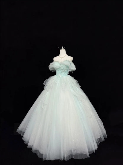 Tulle Prom Dress Long Floor Length Ball Gown Off Shoulder Mint Green With Sleeves Formal Evening Gown For Women RC0276