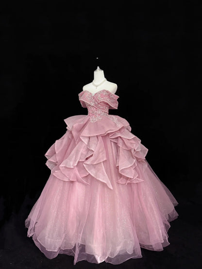 Tulle Prom Dress Long Floor Length Ball Gown Off Shoulder Pink With Sleeves Lace Formal Evening Gown For Women RC0267