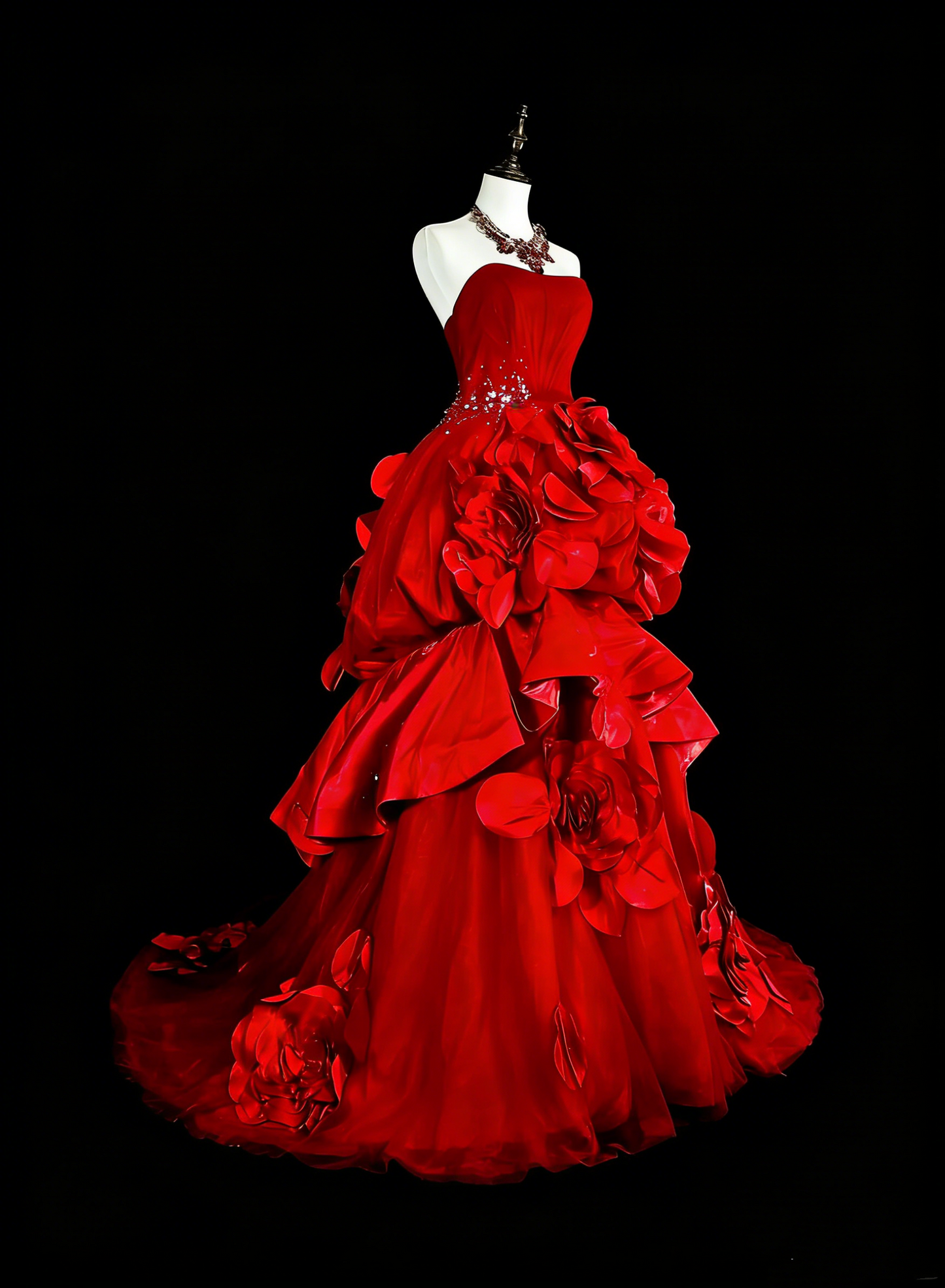 Robes de bal vintage pour le bal de promo, bustier sans bretelles en tulle rouge avec fleurs 3D, longue robe de soirée N2378
