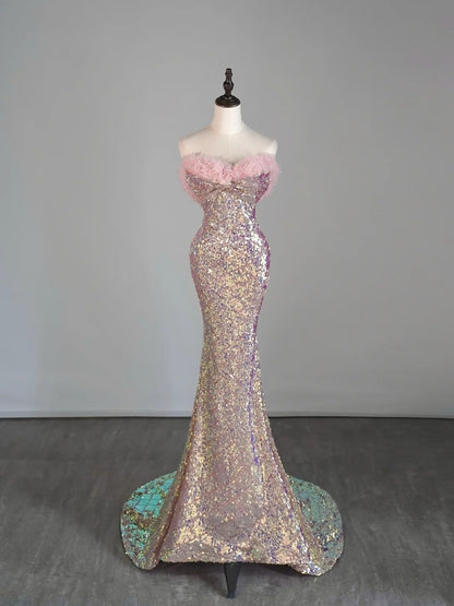 Robe de bal longue rose à sequins, décolleté en cœur, style sirène, taille basse, robe de soirée semi-formelle N686