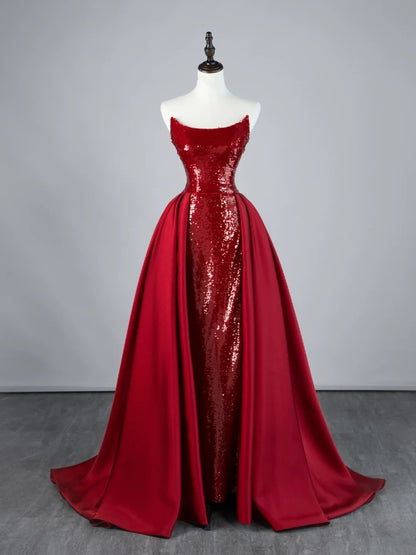 Robe de bal longue sirène bordeaux à paillettes, sans bretelles, plissée et avec traîne, en satin, référence N848