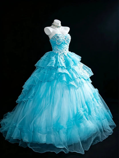 Süßes Ballkleid Sweetheart Blau Tüll mit Applikationen Quince Kleid Lang Sweet 15 16 Quinceanera Kleider Vestido de princesa RB4474